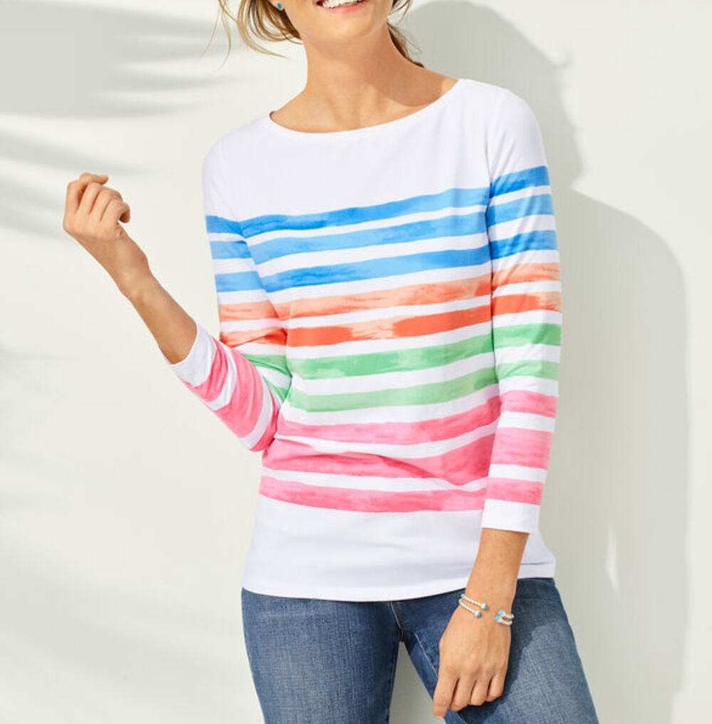 Talbots Watercolor Rainbow Stripe Bateau Boatneck 3/4 Sleeve Tee Top Small